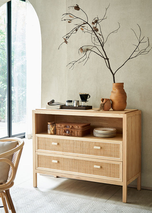 Duree Solid Wood and Rattan Sideboard with Drawers