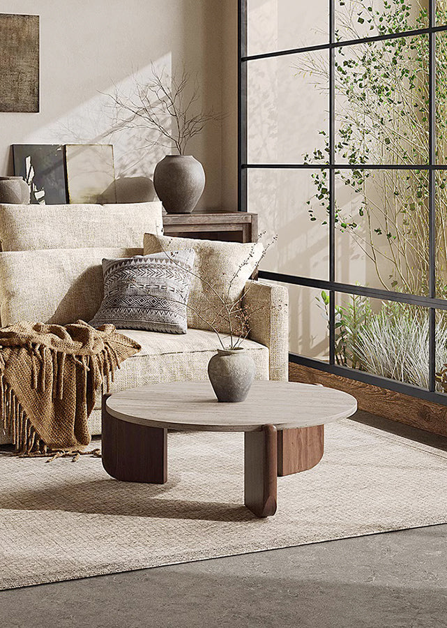 Natural Stone & Solid Wood Coffee Table