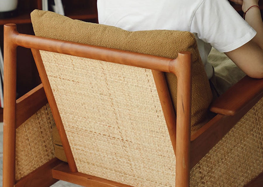 Chlidi Solid Ash (Cherry colour) and Rattan Sofa, close up of back view