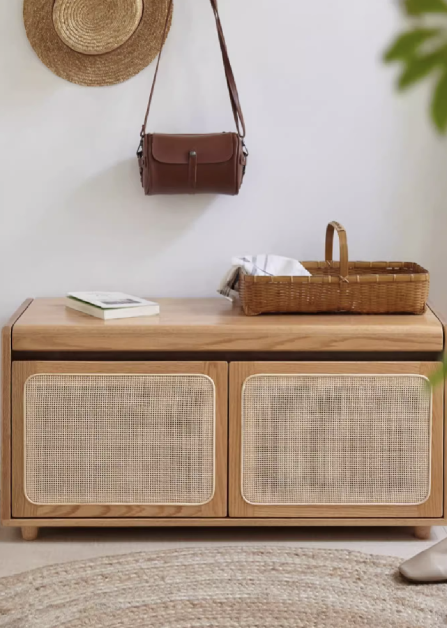 Solid Wood and Rattan Shoe Cabinet Bench