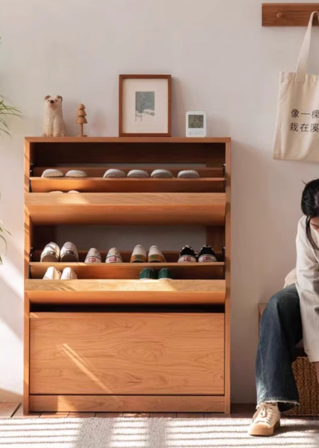 Ultra Thin Solid Wood Shoe Cabinet with Wooden Doors