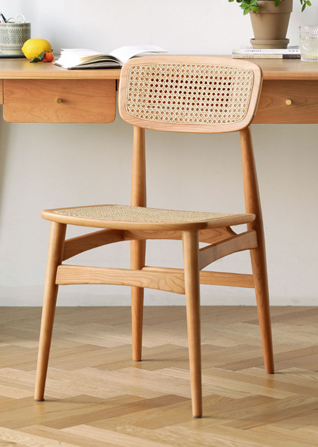 Levo Solid Cherry Wood Chair with rattan backrest and rattan seat