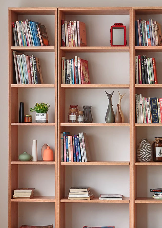 Full-Wall Solid Wood Open Bookshelves