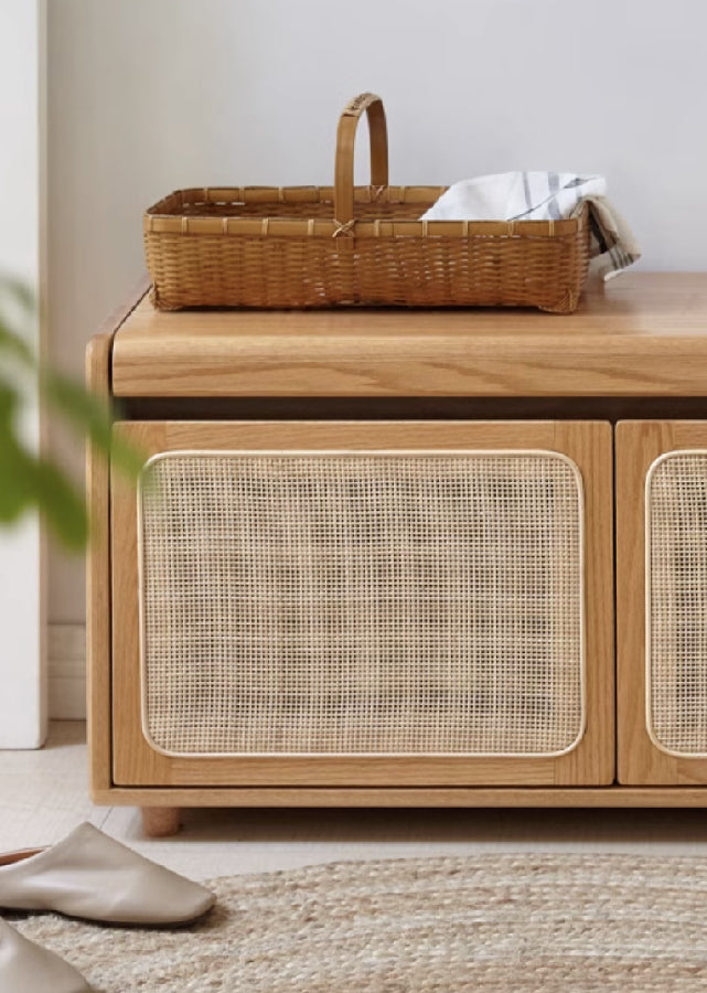 Solid Wood and Rattan Shoe Cabinet Bench