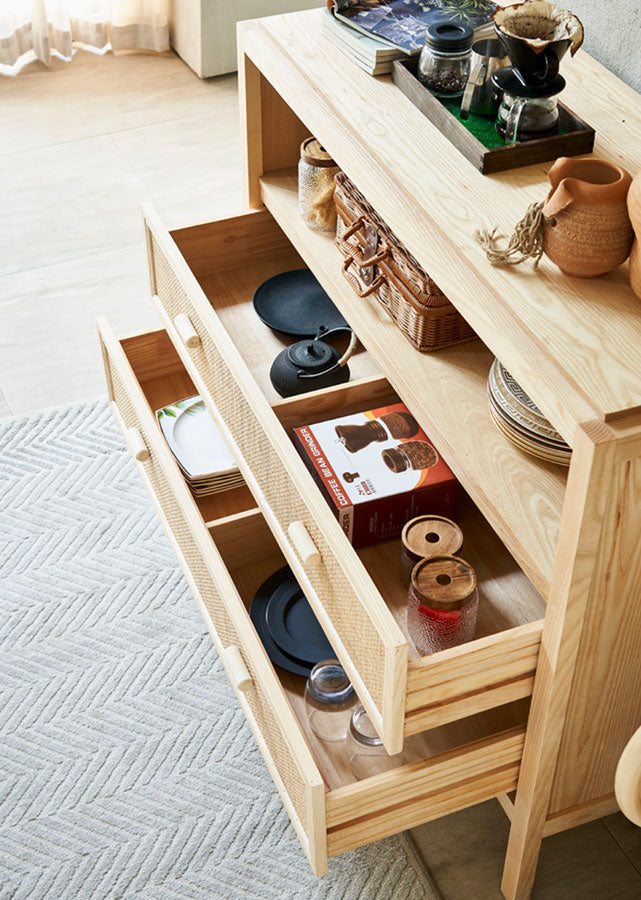 Duree Solid Wood and Rattan Sideboard with Drawers