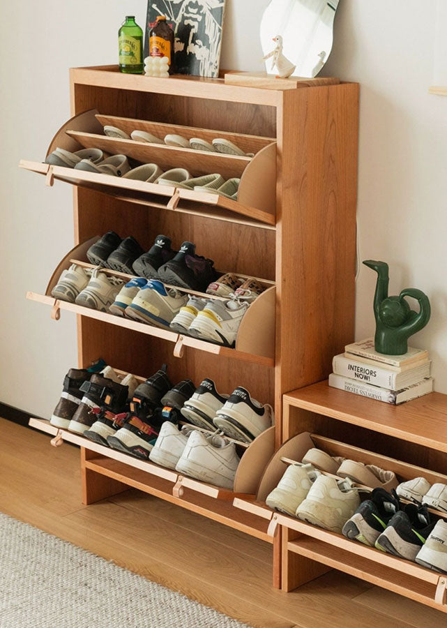 Asto Solid Cherry Wood Ultra Thin Shoe Cabinet, open