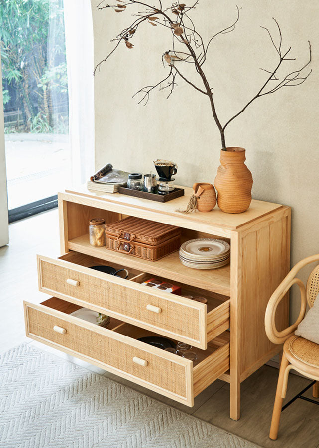 Duree Solid Wood and Rattan Sideboard with Drawers
