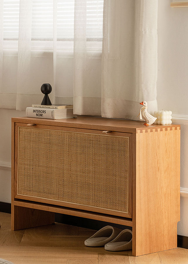 The small Asto Solid Cherry Wood Ultra Thin shoe cabinet doubles up as a bench for changing shoes.