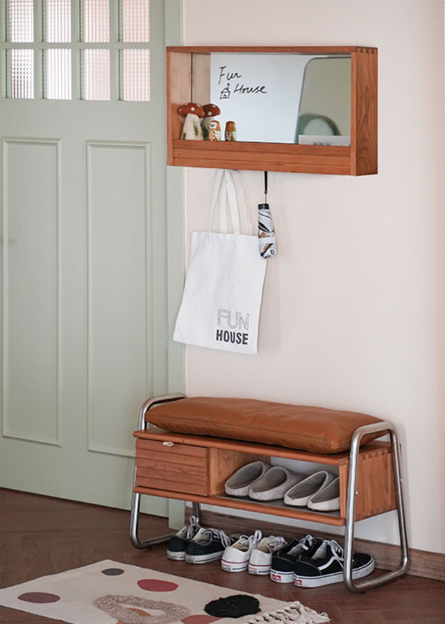 Cadre Solid Wood and Stainless Steel Bench is the perfect compact bench for the foyer.