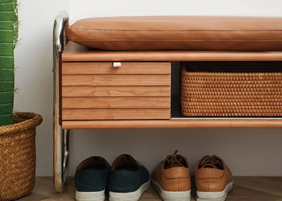 Cadre Solid Wood and Stainless Steel Bench, close up.