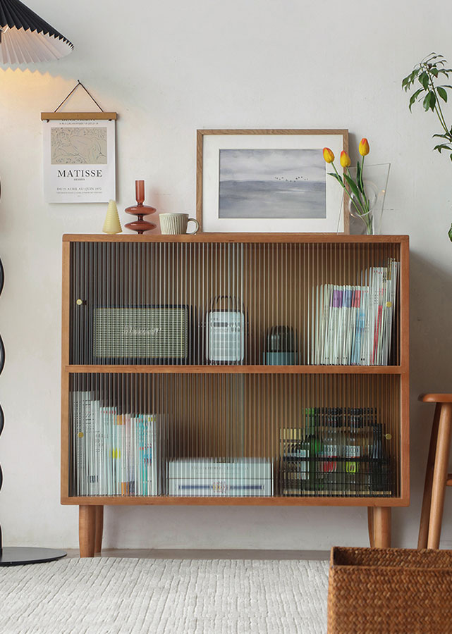 Livre Solid Cherry Wood Stackable Cabinet, with backboard and fluted glass