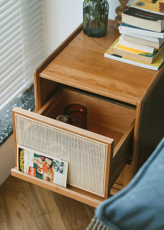 Rattan Solid Wood Nightstand with Drawer