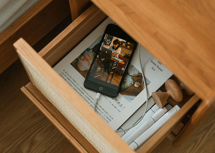 Rattan Solid Wood Nightstand with Drawer