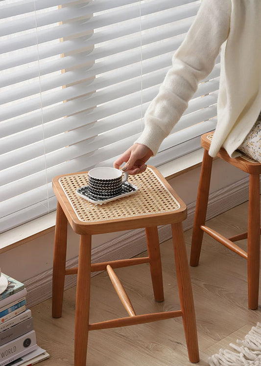 Solid Wood and Rattan Stool