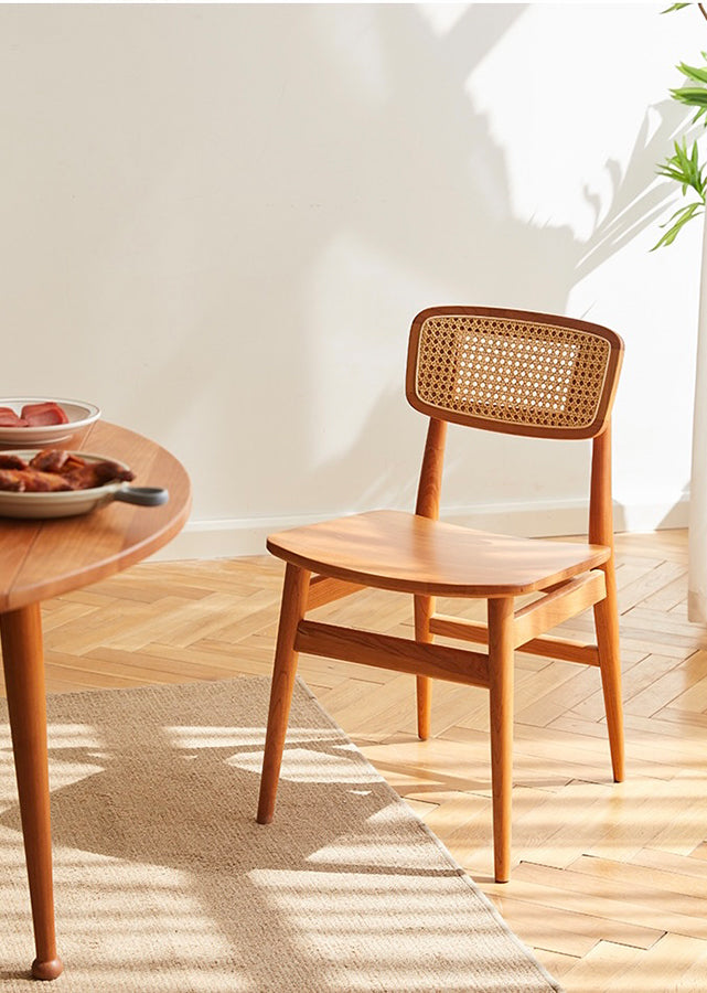 Levo Solid Cherry Wood Chair with rattan backrest and wooden seat