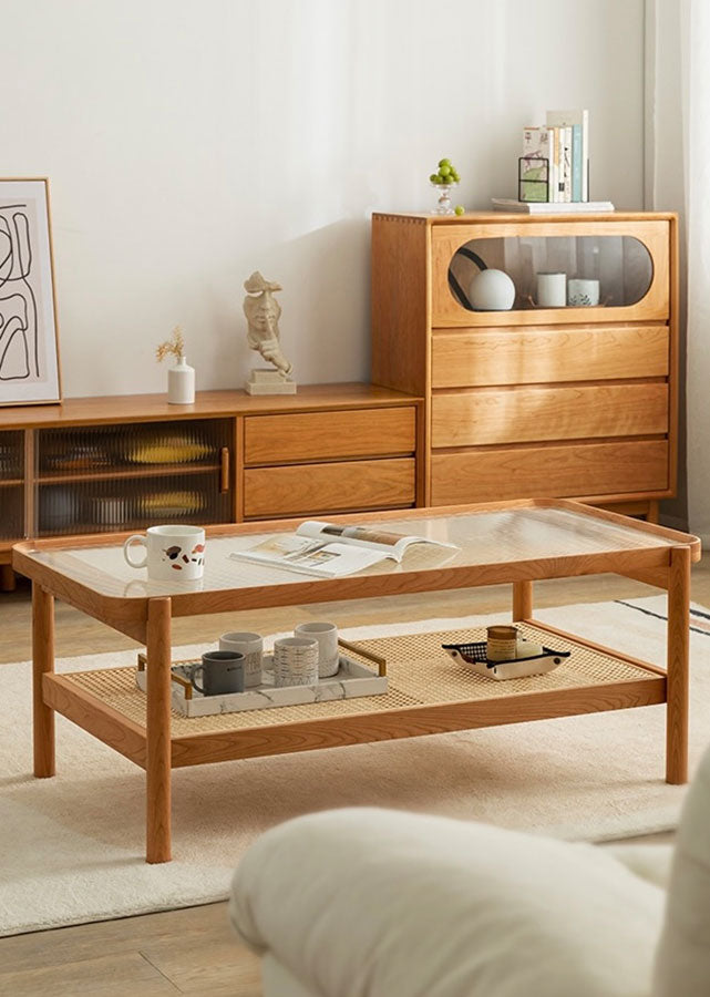 Long Solid Wood Coffee Table with Fluted Glass