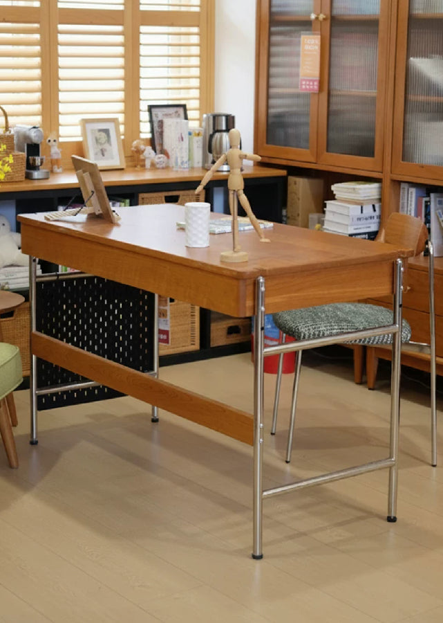 Solid Wood Table with Stainless Steel Legs (Adjustable Height)