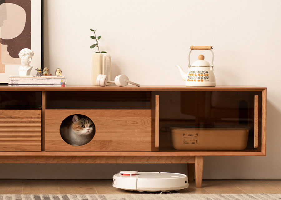 The Filos Solid Cherry Wood TV Console has a playful design inspired by a cat's playground.