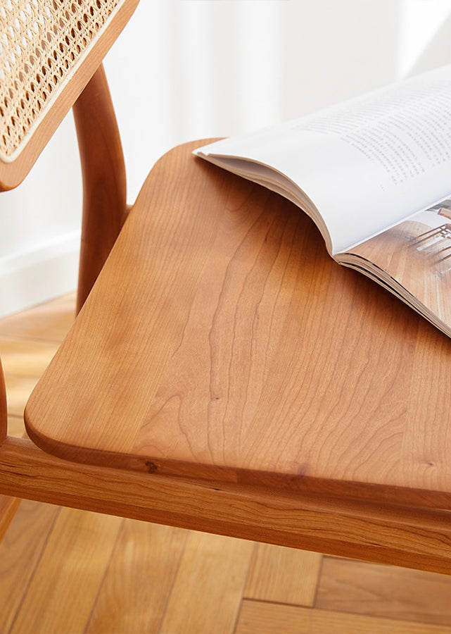 Levo Solid Cherry Wood Chair with Rattan Backrest, close up