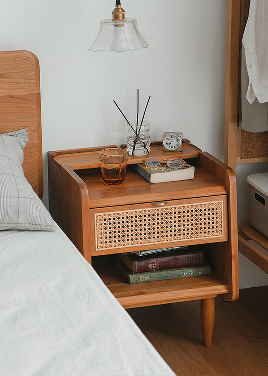 Aiello Solid Wood and Rattan Nightstand, in solid cherry wood.