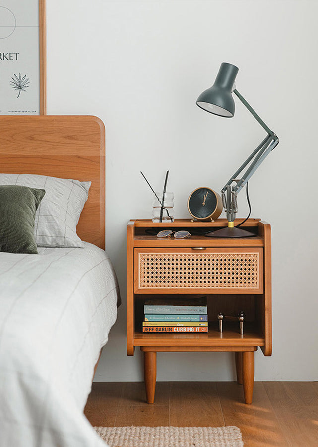 Aiello Solid Wood and Rattan Nightstand, in solid cherry wood, front view.