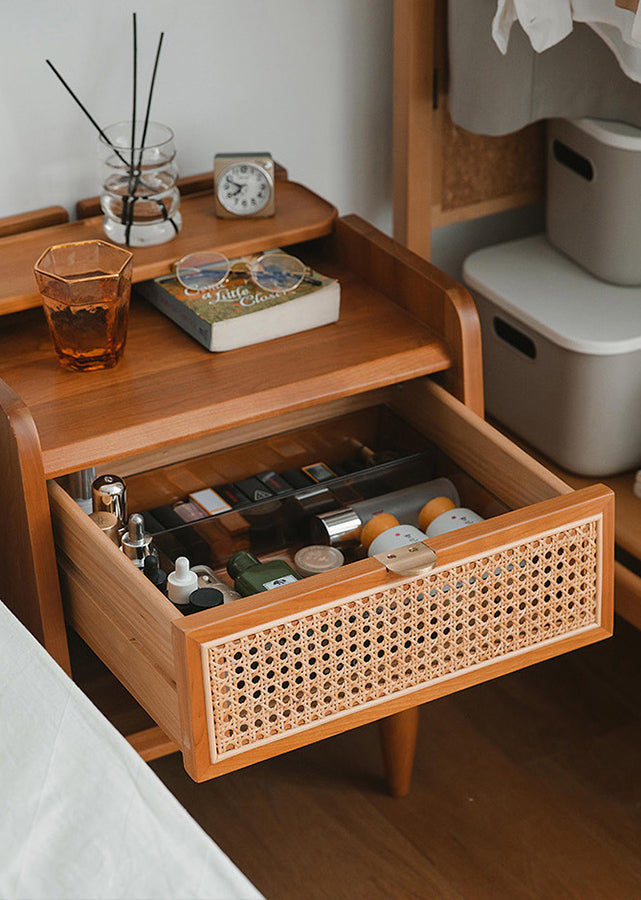 Aiello Solid Wood and Rattan Nightstand, in solid cherry wood, open drawer.