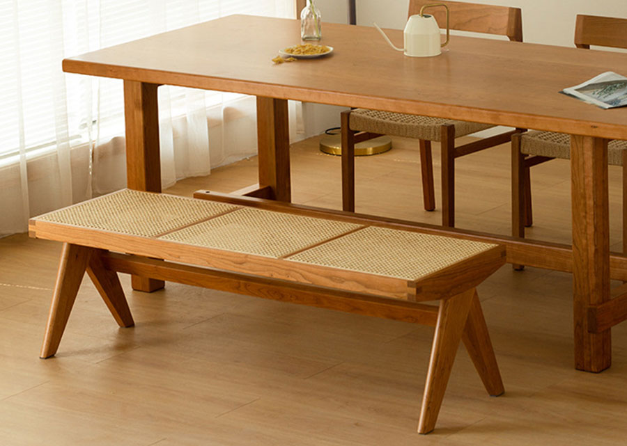 Chari Solid Cherry Wood and Rattan Bench and the Solid Cherry Wood Butcher Block Table