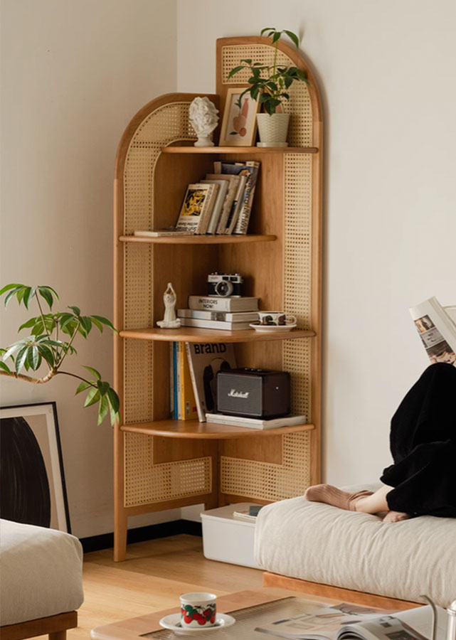 Droite Solid Ash (Cherry colour) and Rattan Corner Rack