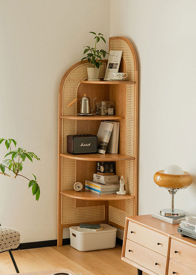 Droite Solid Ash (Cherry colour) and Rattan Corner Rack