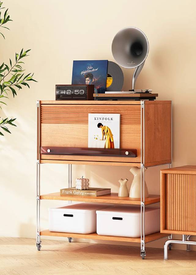Solid Wood and Stainless Steel Sideboard with Wheels