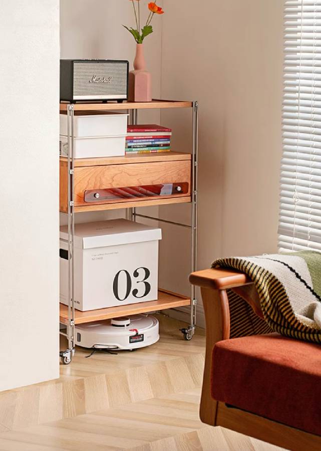 Solid Wood and Stainless Steel Sideboard with Wheels
