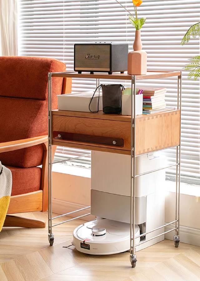 Solid Wood and Stainless Steel Sideboard with Wheels