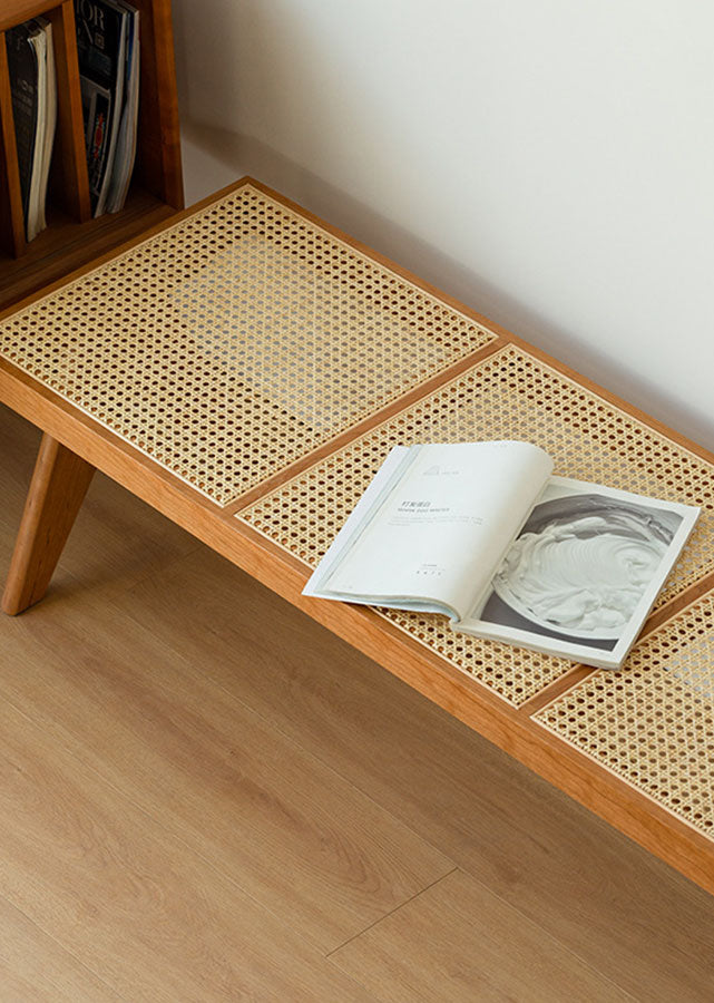 Chari Solid Cherry Wood and Rattan Bench, aerial view