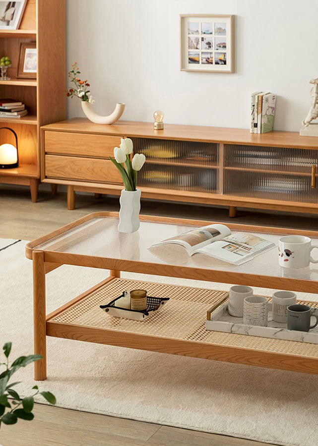 Long Solid Wood Coffee Table with Fluted Glass