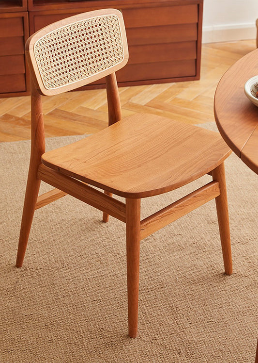 Levo Solid Cherry Wood Chair with rattan backrest and wooden seat