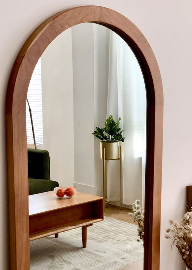 Apli Solid Cherry Wood Full-Length Mirror, close up.