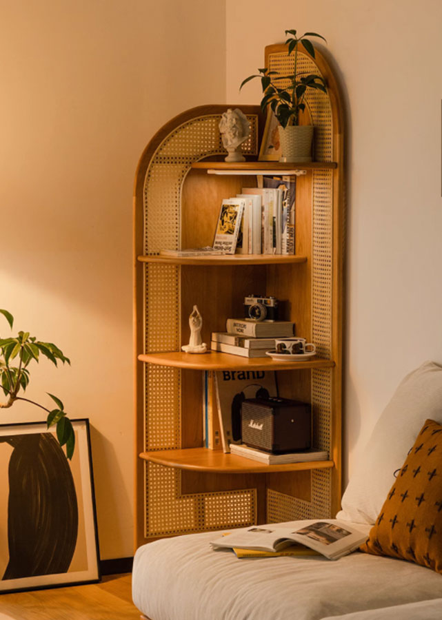 Droite Solid Ash (Cherry colour) and Rattan Corner Rack