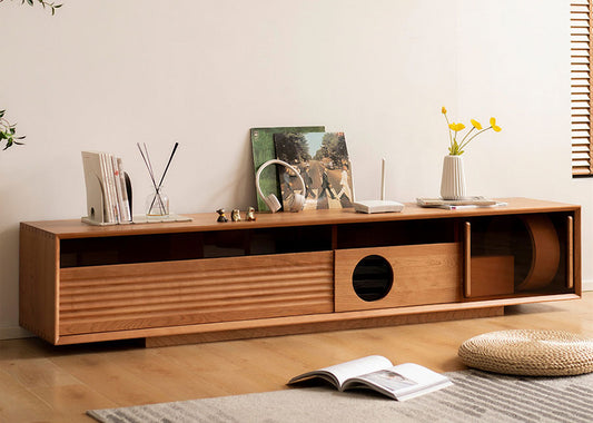 The Filos Solid Cherry Wood TV Console can be used with or without legs.