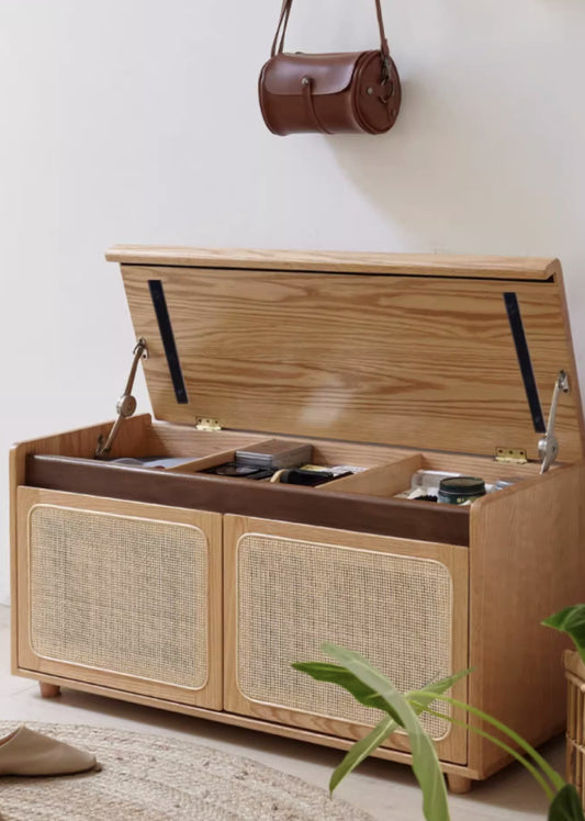 Solid Wood and Rattan Shoe Cabinet Bench