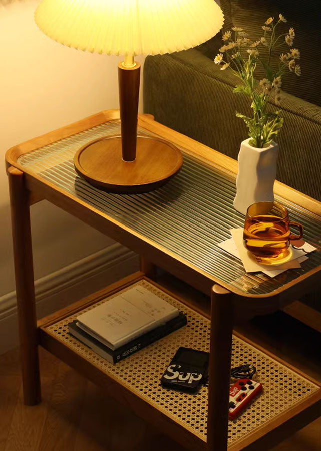 Long Solid Wood Coffee Table with Fluted Glass