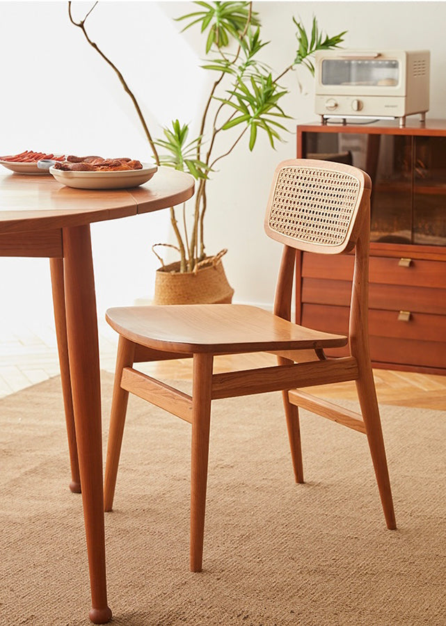 Levo Solid Cherry Wood Chair with rattan backrest and wooden seat