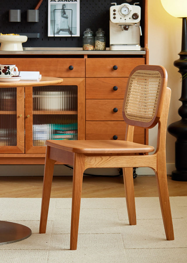 Lata Solid Cherry Wood and Rattan Chair