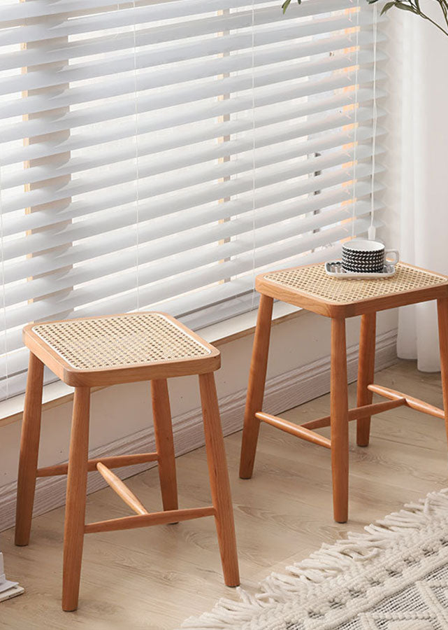 Solid Wood and Rattan Stool