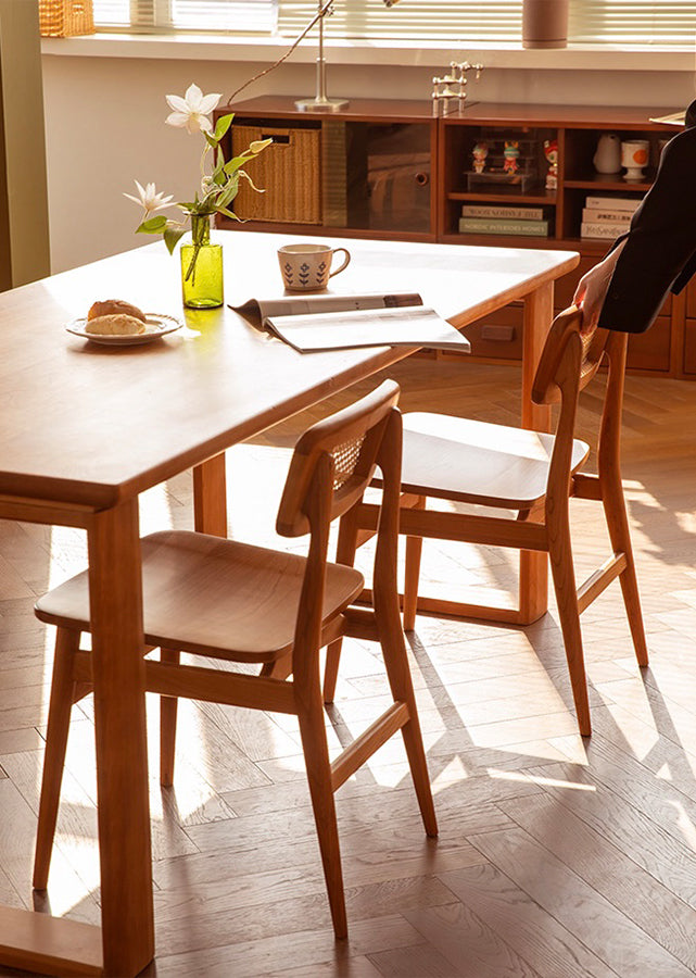 Levo Solid Cherry Wood Chair with rattan backrest and wooden seat