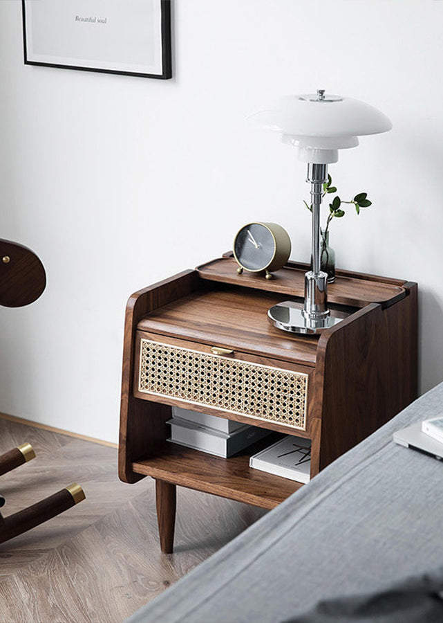 Aiello Solid Wood and Rattan Nightstand, in solid dark walnut.