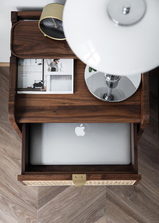 Aiello Solid Wood and Rattan Nightstand, in solid dark walnut, aerial view.