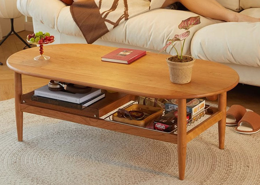 Oval Solid Wood Coffee Table with Sintered Stone Top