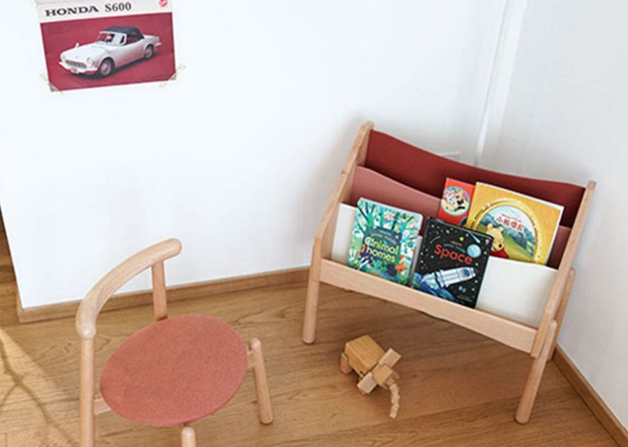 Etage Solid Beech Book Rack in azuki red.