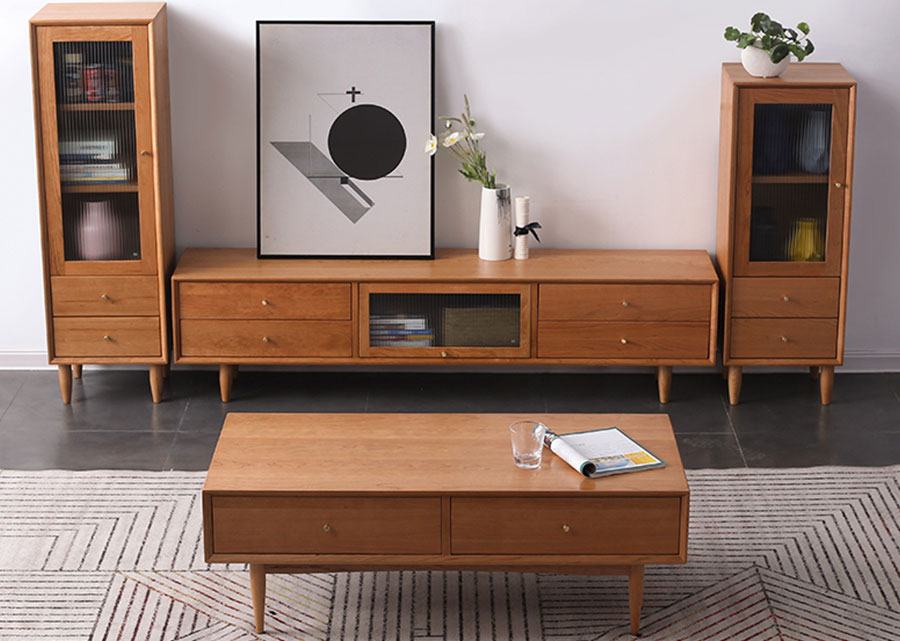 The Elegante Solid Cherry Wood Coffee Table has a strong, boxy shape.