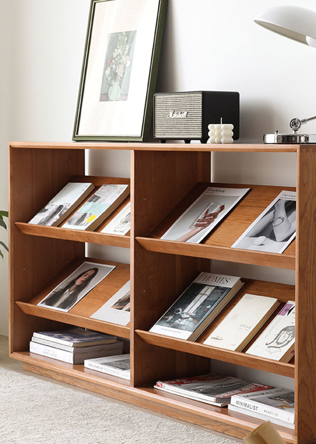 Bass Solid Cherry Wood Accent Sideboard, shelves on inclined placement.